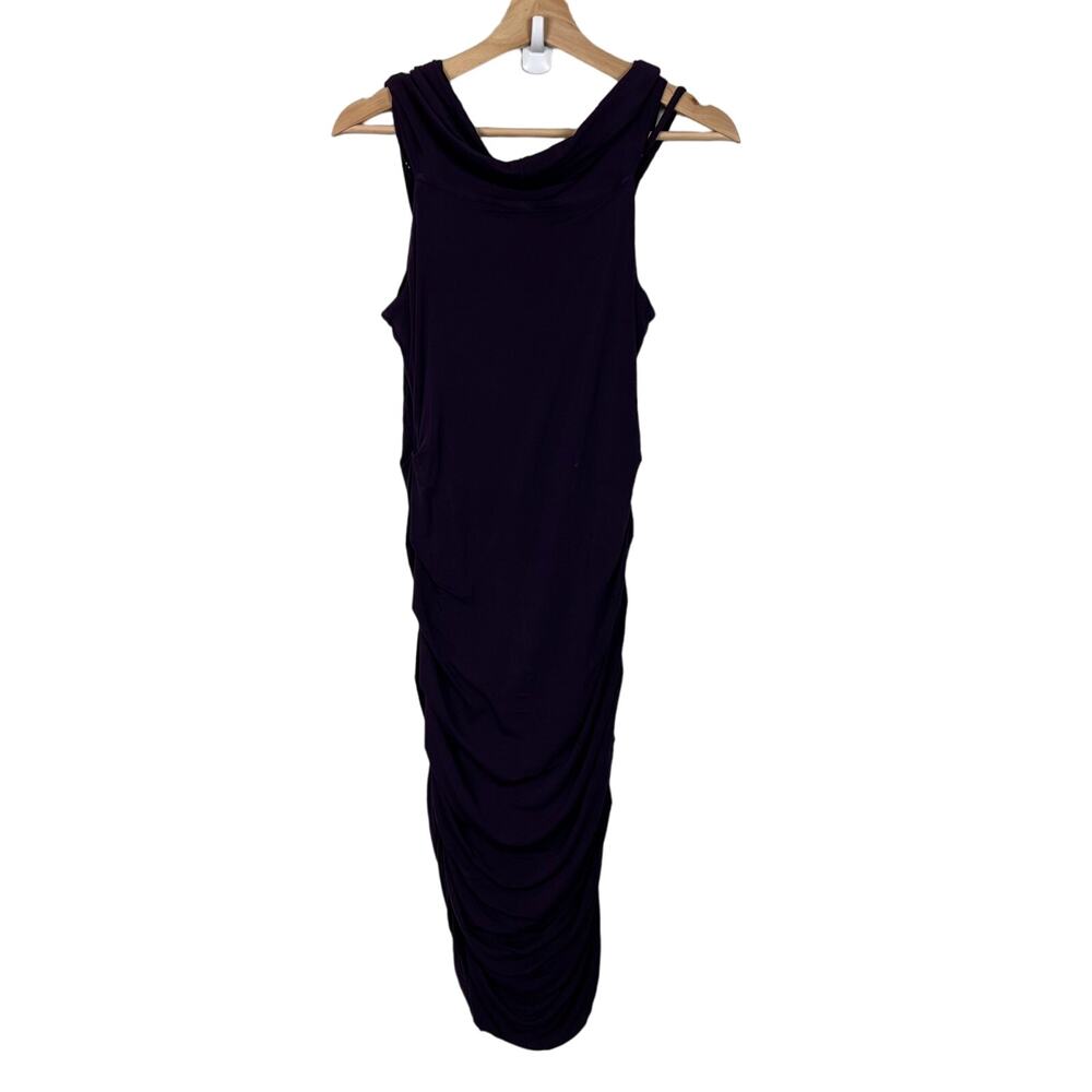 Theory Purple Cowl Neck Ruched Side Body Con Midi Dress Size Medium - Picture 10 of 11